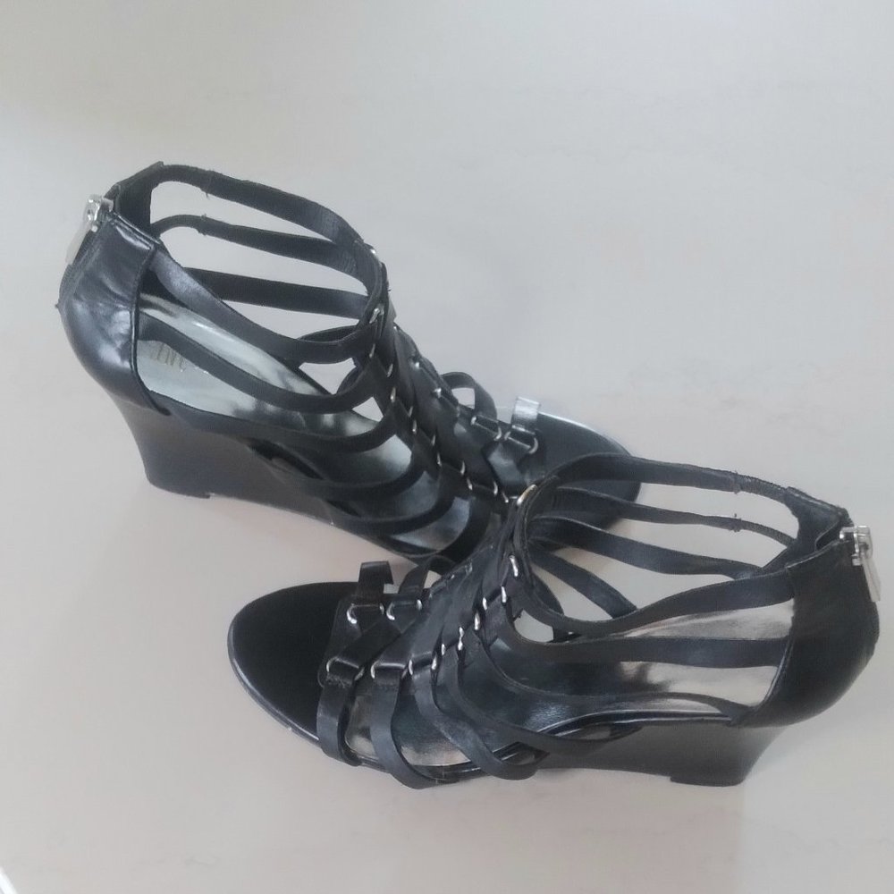 INC Black Leather Sandals, Wedge Heel Size 9.5